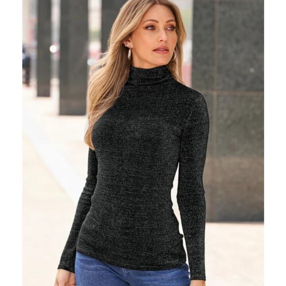 Boston Proper Long Sleeve Metallic Turtleneck Sweater Medium Black Sparkle - Picture 1 of 11
